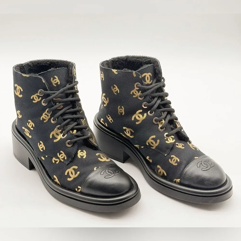 Chanel CC Logo Canvas Shearling Lace Up Combat Boots Black & Gold EU 39 US 8.5-8